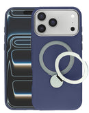 Funda de silicona azul para iPhone 17 Pro Max con aro magnético y soporte integrado.