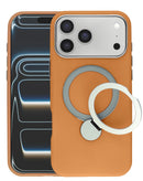 Funda magnética SlowBack marrón para iPhone 17 Pro Max con soporte de anillo de silicona, protección elegante.