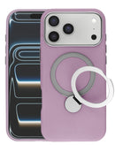Funda de silicona lila para iPhone 17 Pro Max, con soporte de anillo magnético y agarre antideslizante.