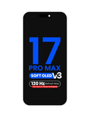 Pantalla OLED aftermarket QV8 V3 Soft de 120Hz para iPhone 17 Pro Max, ideal para reparación, mostrando colores vibrantes.