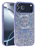 Funda Sparkle Luxury lila para iPhone 17 Pro Max, delgada con soporte magnético integrado.