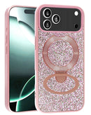 Funda Sparkle Luxury Slim rosa para iPhone 17 Pro Max con soporte magnético y protección de cámara.
