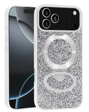 Funda blanca Sparkle brillante para iPhone 17 Pro Max con soporte magnético circular y diseño delgado.