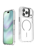 Funda transparente magnética con soporte para cámara iPhone 17 Pro Max, color negro, protección resistente.