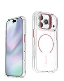 Funda transparente magnética rosa para iPhone 17 Pro Max con soporte de cámara integrado, protección anti-caídas.