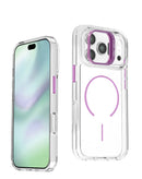 Funda transparente magnética morada con soporte de cámara para iPhone 17 Pro Max, protección y funcionalidad.