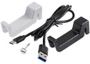 Base cargadora blanca para mandos de PS5, PS5 Pro y PS5 Slim, con dos ranuras de carga.