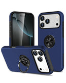 Case dual capa azul marino para iPhone 17 Pro/18 Pro con anillo magnético y soporte, protección SlowBack.