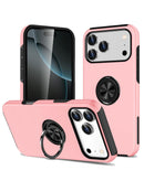 Case doble capa rosa para iPhone 17 Pro/18 Pro con anillo magnético, protección robusta y soporte giratorio.