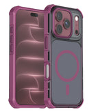 Funda SlowBack burgundy para iPhone 17 Pro/18 Pro con carga inalámbrica, borde electroplate y doble capa protectora.