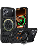 Funda magnética negra para iPhone 17/18 Pro con soporte de anillo rotatorio 360 SlowBack.