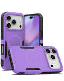 Funda magnética antishock púrpura para iPhone 17 Pro, con doble capa protectora y bordes reforzados.