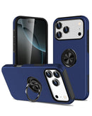 Funda SlowBack azul marino de doble capa para iPhone 17/18 Pro Max, con anillo magnético y soporte giratorio.