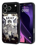 Funda de aluminio para iPhone 17 Pro Max con diseño camuflaje militar, ofreciendo protección robusta y estilo.