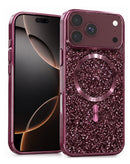 Case Bling Diamond Crystal burdeos para iPhone 17/18 Pro Max con purpurina brillante y compatible con carga inalámbrica.