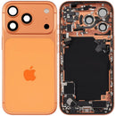 Tapa trasera Cosmic Orange usada para iPhone 17 Pro A29XX con puerto de carga y piezas pequeñas, lista para reparación.