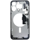Marco medio azul titanio usado para iPhone 15 Pro Max, con puerto de carga flex y piezas pequeñas.