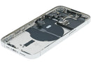 Tapa trasera plateada usada para iPhone 14 Pro (versión EU/Global) con pequeñas piezas internas, ideal para reparación.