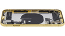 Tapa trasera amarilla usada OEM Grade B para iPhone 11 con puerto de carga y piezas pequeñas.