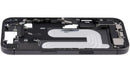 Chasis medio negro usado para iPhone 17, con puerto de carga flex y pequeñas piezas de repuesto.