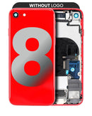Tapa trasera roja para iPhone 8 (A1863, A1905, A1906) sin logo, con pequeños componentes preinstalados.