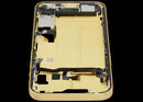 Tapa trasera amarilla OEM usada para iPhone 14 (A2649, A2881) con puerto de carga y marco medio.