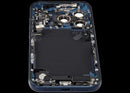 Tapa trasera usada iPhone 17 Pro Deep Blue, con puerto de carga y piezas pequeñas, para reparación.