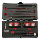 Set de herramientas Wiha ESD safe con 28 microbits de precisión y pinzas para reparación electrónica.