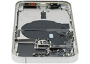 Tapa trasera plateada usada para iPhone 14 Pro (versión EU/Global) con pequeñas piezas internas, ideal para reparación.