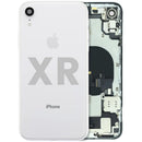 Tapa trasera blanca usada para iPhone XR (A1984, A2105) con puerto de carga y piezas preinstaladas.