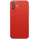 Tapa trasera roja usada para iPhone 12 (A2172) con puerto de carga y pequeñas partes para reparación.