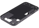 Chasis medio negro usado para iPhone 17, con puerto de carga flex y pequeñas piezas de repuesto.