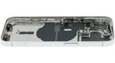 Tapa trasera plateada usada para iPhone 14 Pro (versión EU/Global) con pequeñas piezas internas, ideal para reparación.