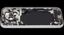 Tapa trasera plateada usada para iPhone 17 Pro, con puerto de carga y piezas pequeñas, lista para reparación.