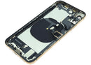 Tapa trasera dorada usada para iPhone XS (modelos A1920, A2097, A2100) con puerto de carga y cable flex preinstalado.