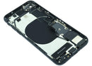 Tapa trasera negra OEM para iPhone SE 2020 (A2275), grado C, con puerto de carga y componentes preinstalados.
