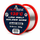 Alambre de soldadura sin plomo PolarTronix, Sn42/Bi58, 0.5mm, 50g, núcleo de resina, baja temperatura 138°C.