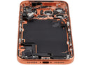 Tapa trasera usada Cosmic Orange para iPhone 17 Pro Max con puerto de carga y pequeñas piezas.