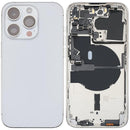 Tapa trasera plateada usada para iPhone 14 Pro (versión EU/Global) con pequeñas piezas internas, ideal para reparación.