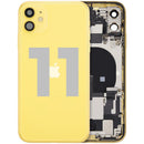 Tapa trasera amarilla usada OEM Grade B para iPhone 11 con puerto de carga y piezas pequeñas.
