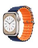 Correa Ocean Band de silicona para Apple Watch (38/40/41mm) en azul medianoche y naranja, ideal para deportes.
