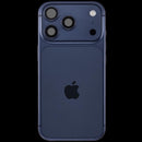Tapa trasera iPhone 17 Pro Deep Blue usada con puerto de carga y componentes, ideal para reparación.