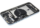 Tapa trasera usada iPhone 12 Pro Max Pacific Blue con puerto de carga, chasis y pequeñas piezas para reparación A2342.