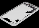Tapa intermedia blanca OEM grado A para iPhone 16e/17e (versión US) con pequeñas piezas, lista para reparación.