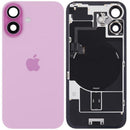 Tapa trasera rosa OEM iPhone 16 con MagSafe, NFC y flex de flash para reparación.