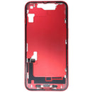 Chasis medio rojo usado para iPhone 14 (A2649, A2881) con puerto de carga flex y piezas pequeñas.