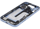 Chasis medio iPhone 17 Mist Blue usado, con puerto de carga y partes pequeñas para reparación.