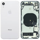 Tapa trasera blanca usada para iPhone XR (A1984, A2105) con puerto de carga y piezas preinstaladas.