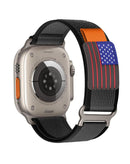 Correa iWatch de nylon tipo velcro, diseño bandera USA en negro y blanco para modelos 42-49mm.