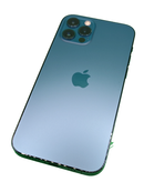 iPhone 12 Pro azul seminuevo, 128GB, con pantalla encendida mostrando la interfaz de iOS, salud de batería 100%.